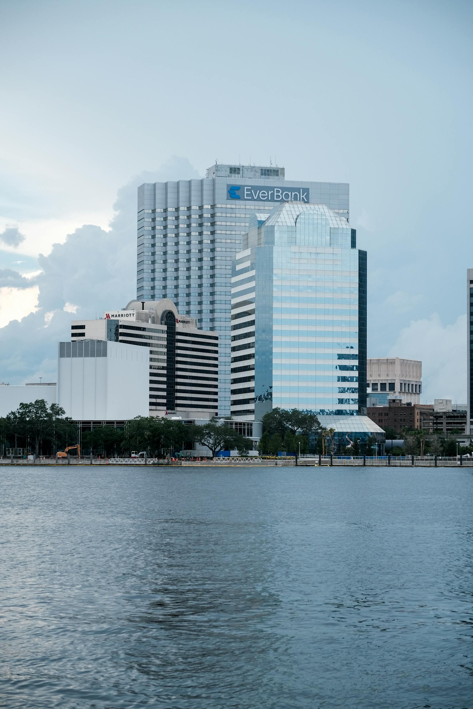Black and white view of Jacksonville's downtown waterfront